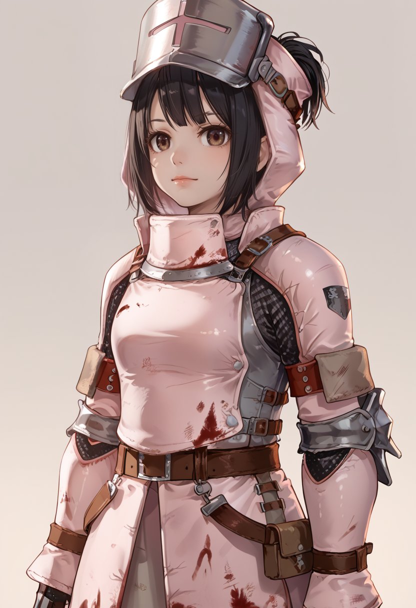 (score_9:0.9),score_8_up,score_7_up,rating_safe,anime style,(zPDXL),<lora:Khezu Armor ponyXL v1:0.73>,khezu armor, 1girl, solo, black hair, blood, brown eyes, short hair, pink helmet, pink gauntlets, pink breastplate, pink armor skirt