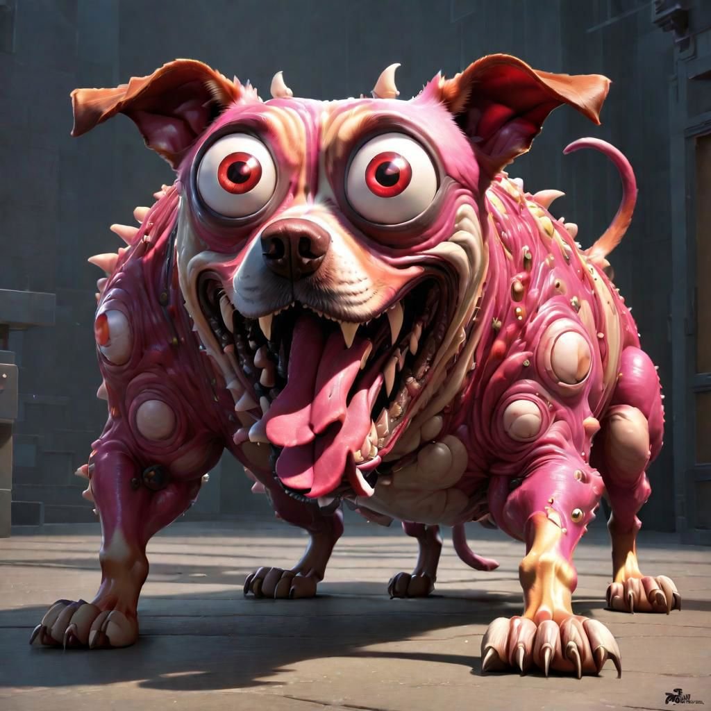 3d,cartoon,art by pixar,a fleshmutant dog abomination with huge eyes, fleshmutant, cybermutant