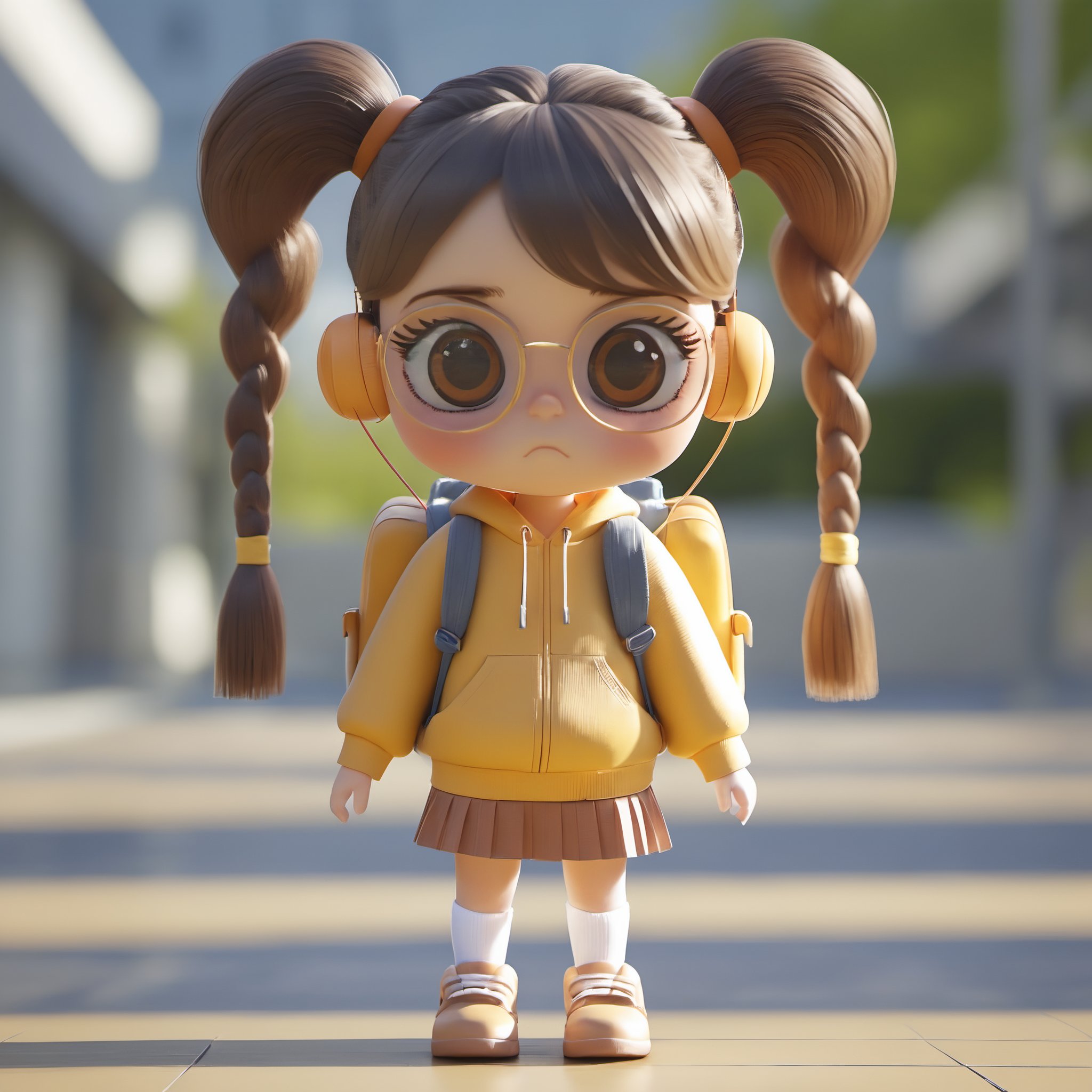 1girl,solo,backpack,headphones,skirt,bag,braid,glasses,shoes,round eyewear,blurry background,looking at viewer,outdoors,blurry,brown eyes,full body,twintails,brown hair,twin braids,socks,chibi,standing,pleated skirt,frown,white socks,bangs,jacket,long sleeves,brown footwear,closed mouth,day,yellow bag,sneakers,hoodie,3DMW 