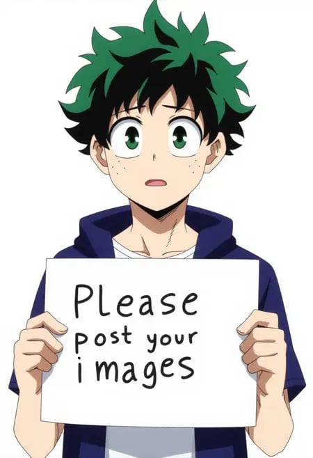 a young man with green hair and green eyes holding a sign that say "Please post your images", izuku_midoriya