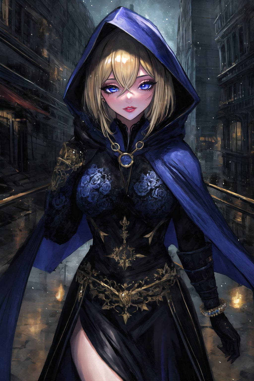 (8k, RAW photo, highest quality), 2d, ultra-detailed, portrait, cowboy shot, (faux tradition media:1.1), saba_styl3, 1girl, diagonal bangs, frill trim, asymmetrical gloves, armor, hood up, shaded face, hooded cloak, gauntlets, fantasy, half-closed eyes, futuristic cityscape, motion blur, (deep depth of field:1.3), scenery, looking to the side, fully clothed, sexy, hourglass figure, (perfect female figure:1.1), thick waist, thick thighs, large breasts, solo, (shiny skin, shiny:1.2), beautiful, outline, manga, official, split theme, thick lineart, (color coordination), expressive, dynamic, upper body, blue and gold theme:1.3), floating hair, blowing, clothes grab, clenched hand, waist cape, jewelry, bracelet, character concept, fashion, original character design, 8k resolution, (top quality, digital illustration:1.2), intricate details, blonde hair, center-flap bangs, swept bangs, fairytale setting, forest of dreams and mightmares, floading particles, gradient eyes, floral print, fighting stance, (dynamic line of action:1.1), wavy hair, (official alternate costume:1.1), fantasy, hair between eyes, lipstick, colored eyelashes, sidelocks, ringlets, (transparent, see-through), galaxy print, dark, atmospheric, dynami line of action<lora:EMS-79-EMS:0.300000>, <lora:EMS-348304-EMS:1.300000>