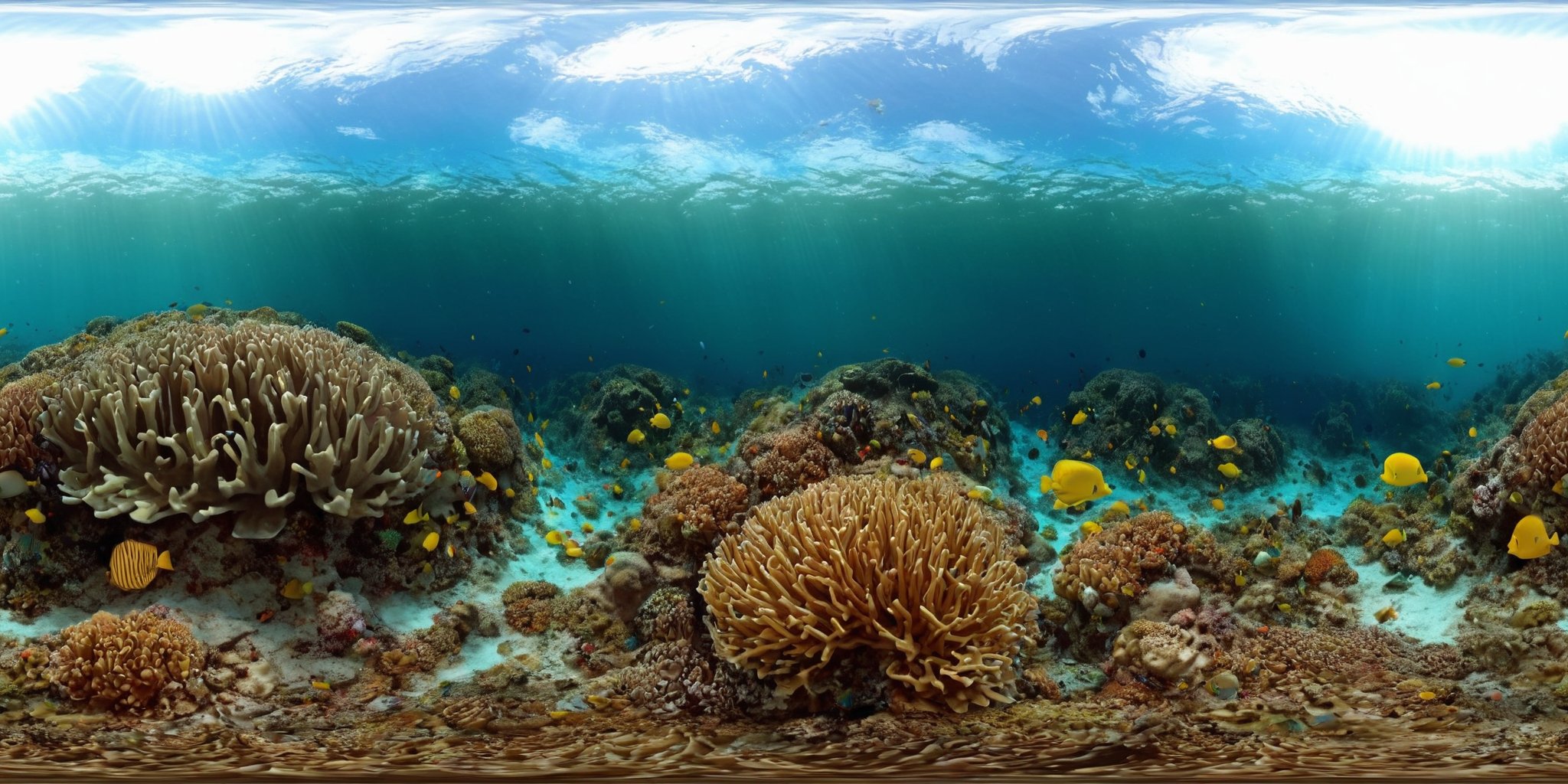 360panorama,<lora:HMSG360海底世界XL-000005:1>,<lora:光影XL:1>,Underwater world,Swimming fish,Coral reef exploration,Deep sea,Sunlight filtering through water,No specific artist,Photo-realistic,Fantasy,Digital painting,Nature scene,Vibrant marine colors,High-definition rendering,4K,High detail,