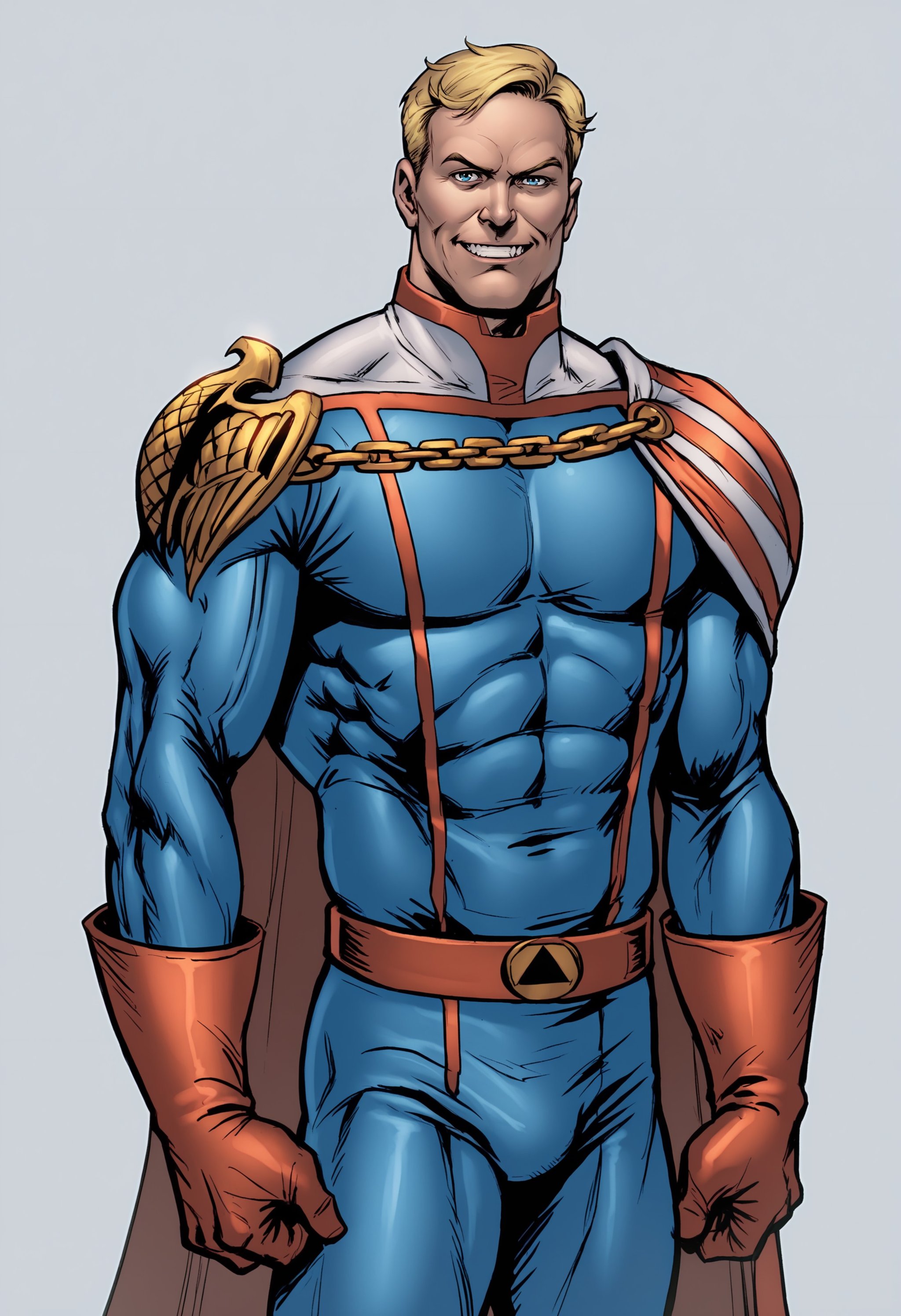 score_9, score_8_up, score_7_up, score_6_up, score_5_up, score_4_up, 1boy, <lora:HomelanderComics:0.85> male focus, solo, blonde hair, blue eyes, muscular, muscular male, superhero, cape, belt, chain, bodysuit, shoulder armor, gloves, standing, looking at viewer, grin, (light blue background), simple background