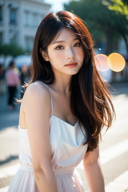 Best quality, masterpiece, ultra high res, (photorealistic), raw photo,1girl, skinny, upper body,solo, realistic, looking at viewer, long hair, bokeh background, city streets,brown eyes, bohemian dress,  <lora:makina69_hyoon_v1.0:1>