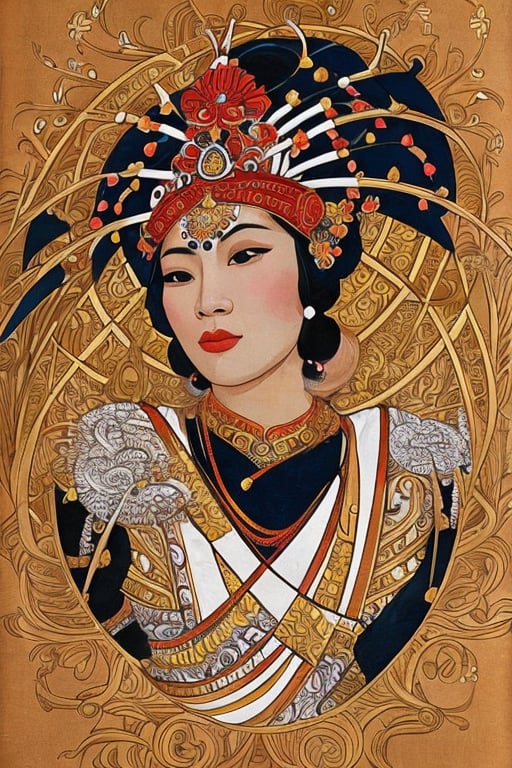 An sks_fantasyart, bold and stylized depiction of an Asian woman adorned with elaborate abstract headgear, blending traditional beauty with modern, intricate design. The artwork features sharp contrasts, flowing lines, and rich details, evoking both elegance and strength." (high level of sharpness:1.0), (clean, defined edges:1.0), 