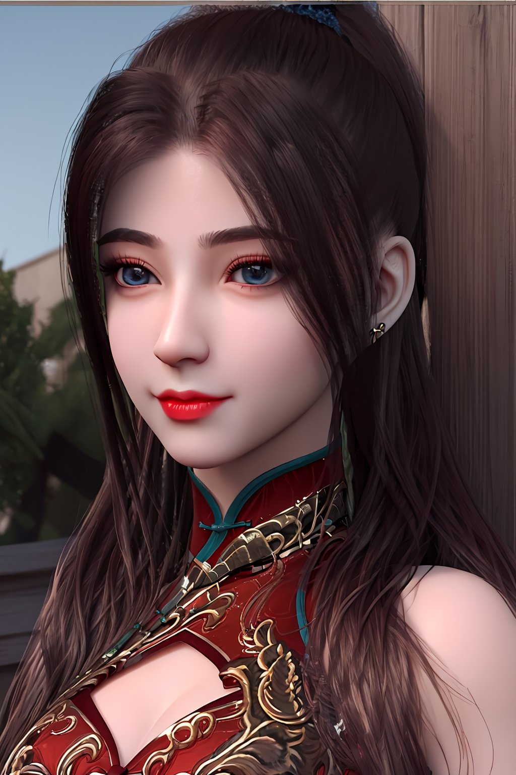 3D,masterpiece,(best quality),(makeup),official art, extremely detailed cg 8k wallpaper,((crystalstexture skin)), (extremely delicate and beautiful),(highly detailed),(1girl), (solo), (jewelry), (earrings),brown_hair,(long_hair),(hair_ornament),(handwear),(breasts),,,(portrait),cheongsam,Hanfu,(closed_mouth)(sunshine, outdoor),((looking_at_viewer)),((Facing the camera)),, <lora:hipoly3DModelLora_v10:0.3>