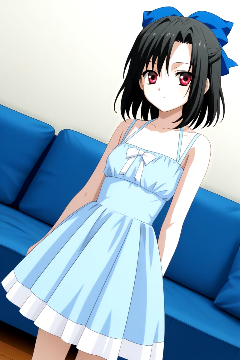 Highly detailed, High Quality, masterpiece, beautiful, source_anime, 1girl, solo, (young woman), (16 old), Setsuna Kiyoura, black hair, red eyes, short_hair, hair bow, red bow, tiny breasts, bare shoulders, dress, sundress, blue_dress, looking_at_viewer, dutch_angle, cowboy_shot, focus waist, bedroom<lora:EMS-447771-EMS:0.700000>