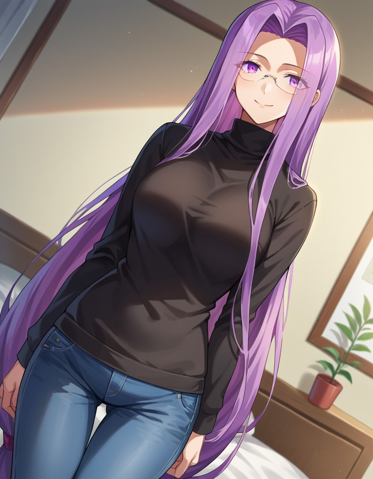 score_9, score_8_up, score_7_up, source_anime,medusarider, <lora:medusa-rider-ponyxl-lora-nochekaiser:1>,medusa rider, long hair, very long hair, purple hair, smile,long sleeves, purple eyes, glasses, pants, sweater, turtleneck, denim, low-tied long hair, jeans, black sweater,indoors, bed, bed room,looking at viewer, cowboy shot, dutch angle,