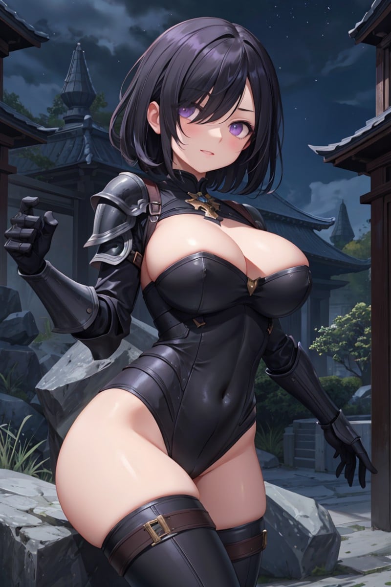 highres, official art, cinematic darkness, smug woman, large breasts, wide hips, short black hair with sideswept bangs, hair over one eye, violet eyes, skintight bodysuit, armored gauntlets and greaves, overgrown stone temple, (night)+