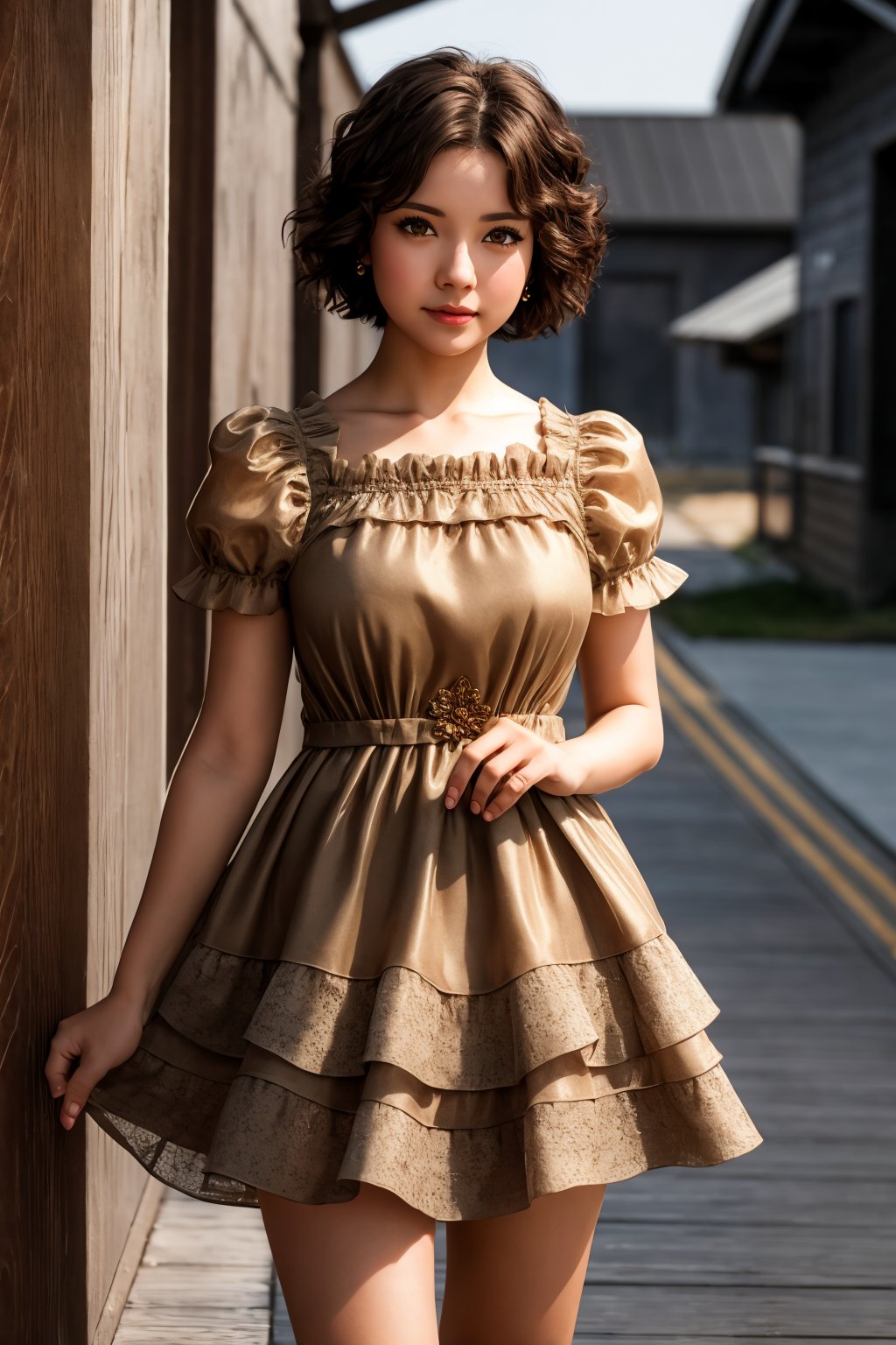 masterpiece, highly detailed 8k, best quality, volumetric lighting, volumetric lighting, intricate, Gray very short hair young woman in Amber Brown rfdrss, surprised, Paper Bag Brown eyes, Icy Tundras background <lora:ruffled dress v4.3-000007:1>