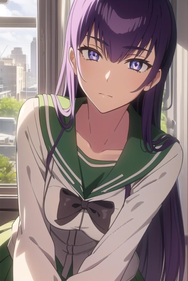 saekobusujima, <lora:saekobusujimatest:1>,saeko busujima, long hair, purple hair, (purple eyes:1.1), hair between eyes,BREAK skirt, long sleeves, bow, school uniform, serafuku, green skirt,BREAK looking at viewer,BREAK indoors, classroom,BREAK <lora:GoodHands-vanilla:1>, (masterpiece:1.2), best quality, high resolution, unity 8k wallpaper, (illustration:0.8), (beautiful detailed eyes:1.6), extremely detailed face, perfect lighting, extremely detailed CG, (perfect hands, perfect anatomy),