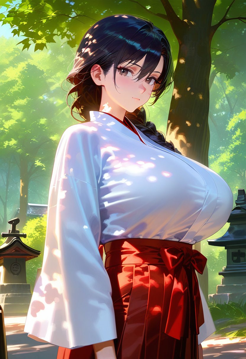 masterpiece, best quality, <lora:WHM 0.2v:1>, WHM,aged up, mature female, 1girl, solo, long hair, looking at viewer, skirt, black hair, long sleeves, huge breasts, hair between eyes, closed mouth, standing, braid, outdoors, japanese clothes, day, wide sleeves, kimono, black eyes, from side, tree, single braid, sunlight, hakama, nature, hakama skirt, forest, white kimono, miko, red hakama, dappled sunlight, shrine, tree shade, stone lantern,