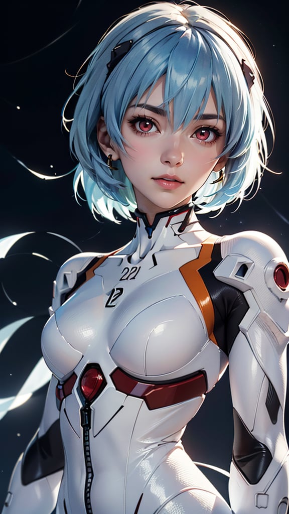 (best quality, masterpiece, colorful, highest detailed) upper body photo, fashion photography of cute (Rei Ayanami), intense-red-eyes, in high detailed textured Evangelion white plugsuit, (light smile:0.3), moonlight passing through light blue hair, (night beautiful background:1.3), (intricate details), (dynamic angle)