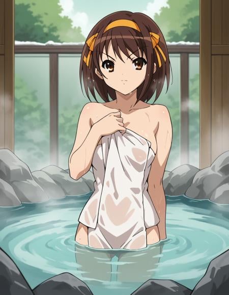 score_9, score_8_up, score_7_up, source_anime,haruhisuzumiya,  <lora:haruhi-suzumiya-s1-ponyxl-lora-nochekaiser:1>,haruhi suzumiya, short hair, brown hair, brown eyes, hairband, medium hair, ribbon, hair ribbon,nude, naked, outdoors, onsen, towel, naked towel, steam, bathing, nude cover, partially submerged, water, bath, steam censor, wet towel,looking at viewer, cowboy shot, solo,