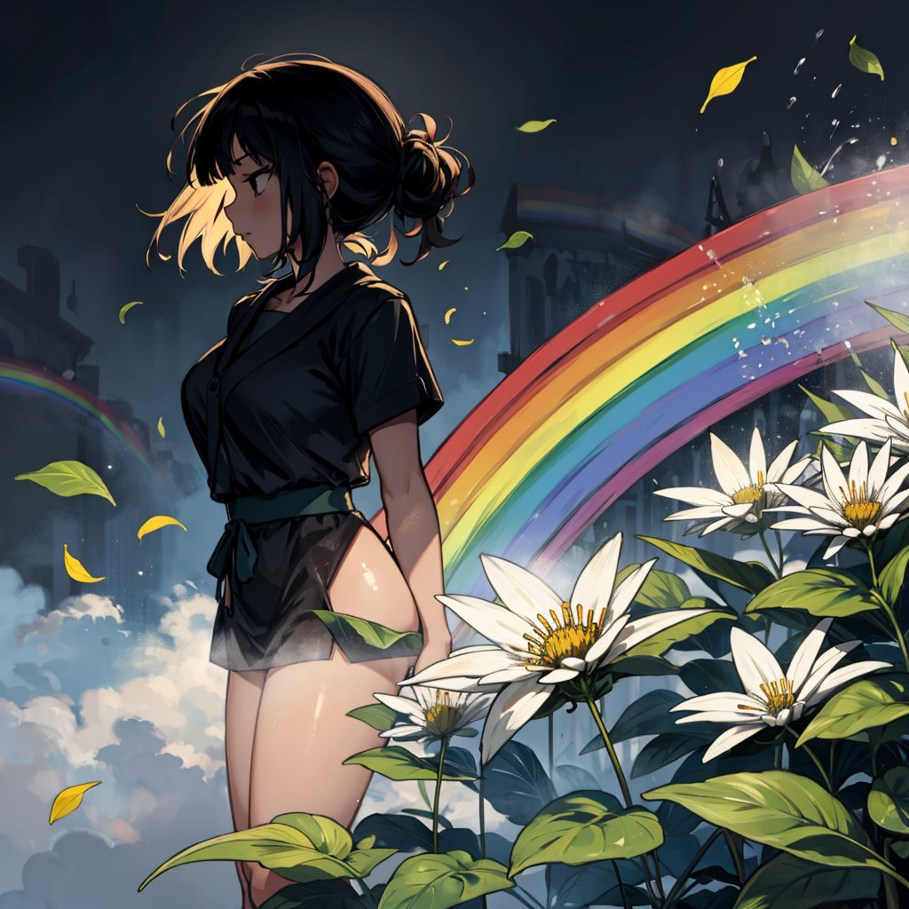 1girl, flowers, leaf, swirling mist, rainbow mist, dripping, traditional texture, (silhouette:1.3), rainbow:1.3