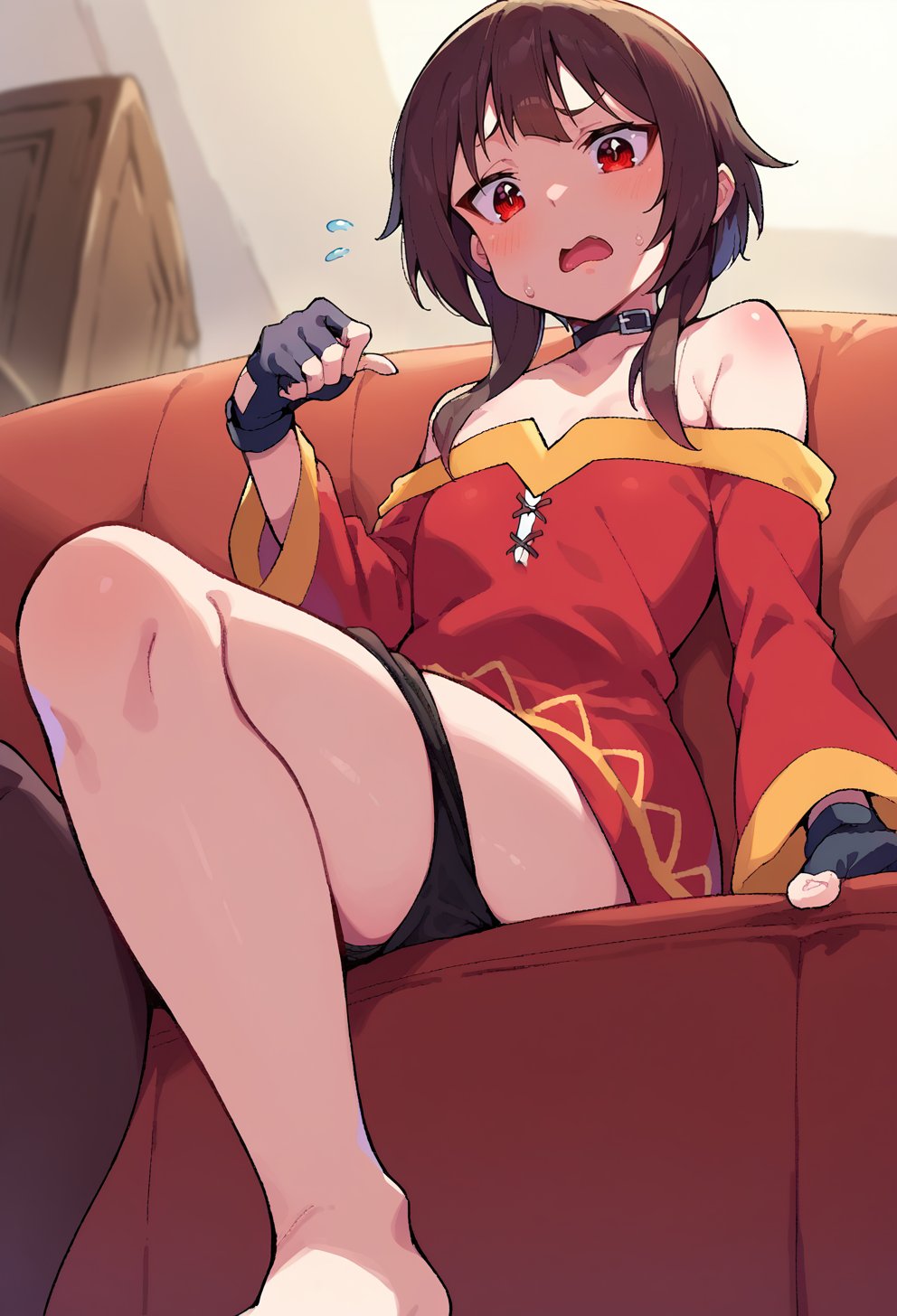 score_9, score_8_up, score_7_up, score_6_up, source anime, BREAK<lora:konosuba_megumin:0.8> nimugempnxl, megumin, 1girl, solo, short hair with long locks, small breasts, from below,fingerless gloves, blush, sitting, open mouth, single thighhigh, looking at viewer, bare shoulders, off shoulder, black choker, couch, barefoot, off-shoulder dress, sweatdrop, black panties, pantyhose pull