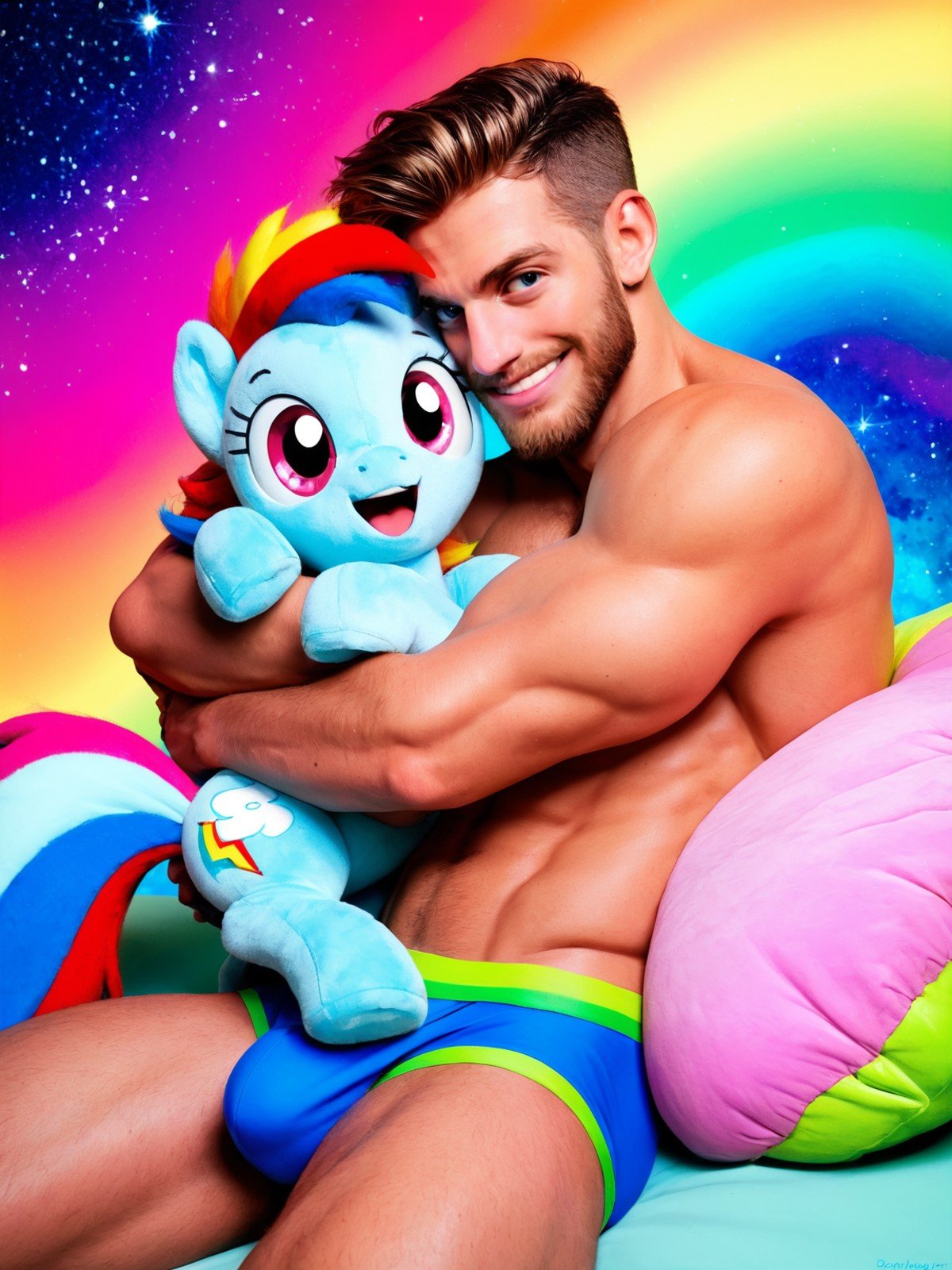 score_9, score_8_up,score_7_up, score_6_up, score_5_up, score_4_up,handsome human man hugging a rainbow pony (my little pony), erotic, shirtless, colorful, cozy, plushies, high quality, wearing tight colorful briefs, bulge, happy, fun, joy, fluffy pillows, colorful lighting, space, nebula, looking at viewer, 