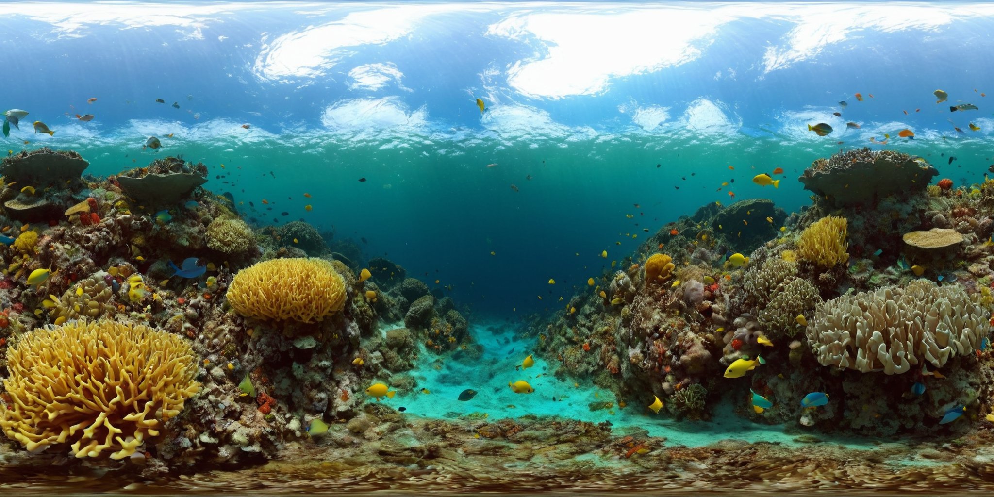 360panorama,<lora:HMSG360海底世界XL-000005:1>,<lora:光影XL:1>,Underwater world,Swimming fish,Coral reef exploration,Deep sea,Sunlight filtering through water,No specific artist,Photo-realistic,Fantasy,Digital painting,Nature scene,Vibrant marine colors,High-definition rendering,4K,High detail,