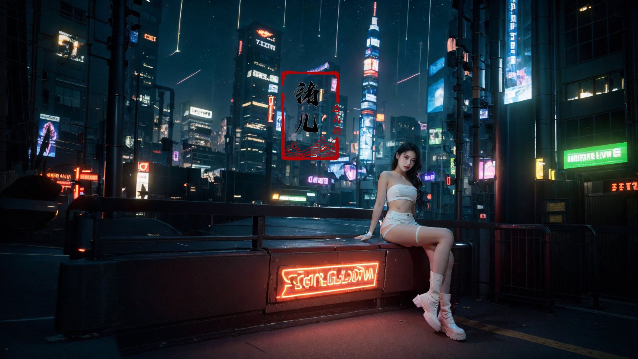 blurry, blurry_background, blurry_foreground, depth_of_field, motion_blur,1girl, cyberpunk, solo, science fiction, city, neon lights, sitting, night, building, strapless, breasts, hologram, skyscraper, boots, long hair, cityscape, thighhighs, sky, black hair, scenery, white footwear，(glow, light pollution:1.5)，(solo focus:1.7)，  <lora:绪儿-赛博城市场景 science cyber:0.8>