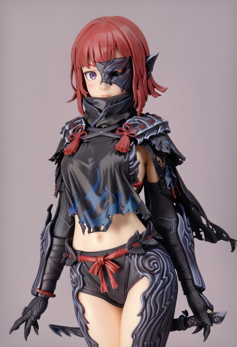 source_furry,(score_9:0.9),score_8_up,score_7_up,rating_safe,anime style,(zPDXL),<lora:Ex Odogaron Armor ponyXL v1.2:0.78>,ex odogaron armor, black mask, black gloves, black cape, black pants, 1girl, solo, purple eyes, cowboy shot, glowing, lips, 3d, realistic, source realistic, pvc figure, thigh cutout, black crop top, red hair, one eye covered, short hair