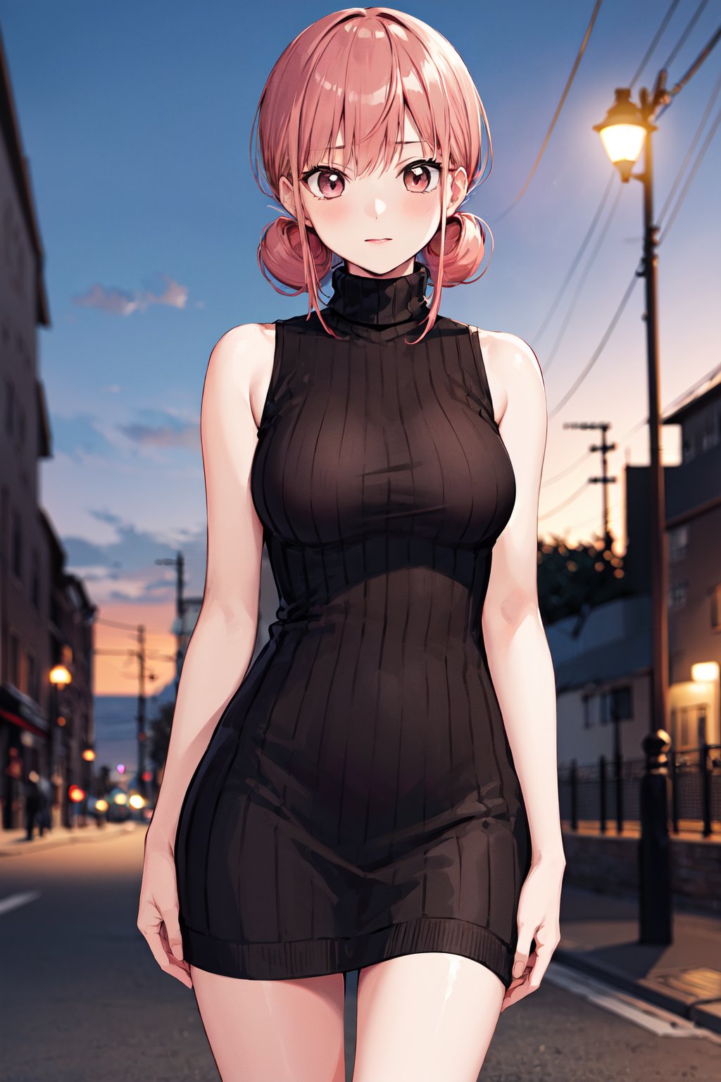 masterpiece, best quality, highres, 1girl, solo, short hair, double bun, pink hair, brown eyes, <lora:chono_hina_v1:0.7>, sweater dress, ribbed sweater, turtleneck, sleeveless, standing, night, street