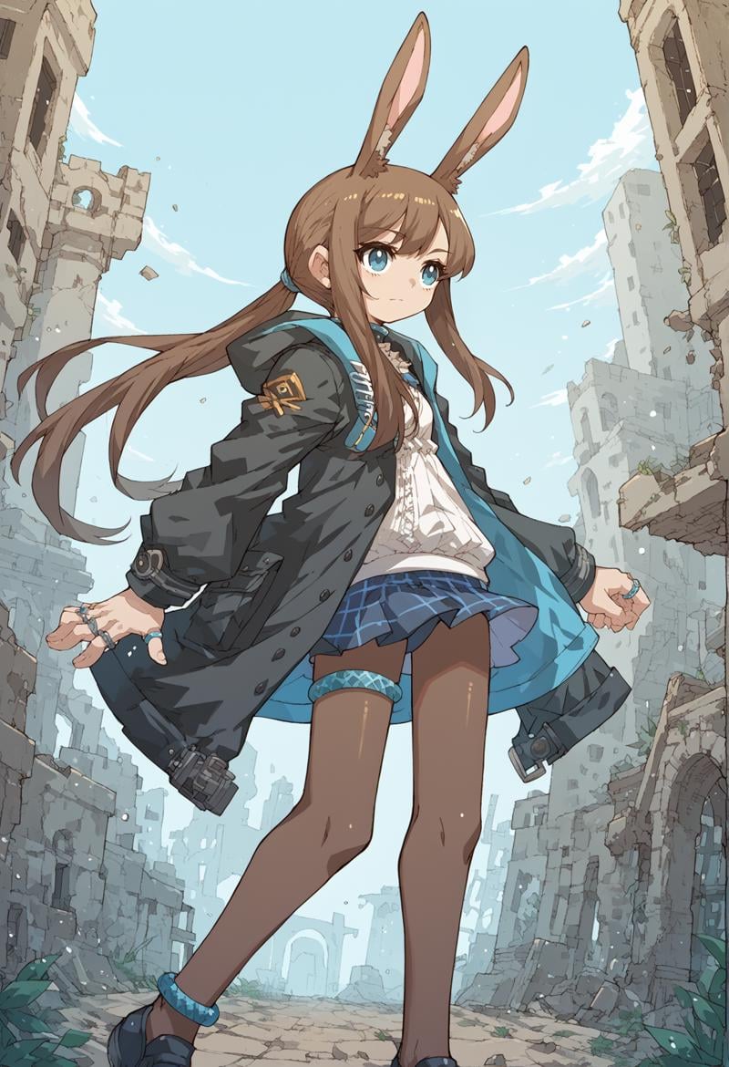 1girl, solo, brown hair, long hair, sidelocks, low ponytail, blue eyes, rabbit ears, blouse, black hooded jacket, ring, blue checkered skirt, brown, pantyhose, Thigh Strap, anklet, outdoors, ruins, cowboy shot, wind, hand on hair <lora:Amiya_XL:1> <lora:nakayama_tooru_XL:1>, score_9, score_8_up, score_7_up, score_6_up, score_5_up, score_4_up, BREAK source_anime, masterpiece