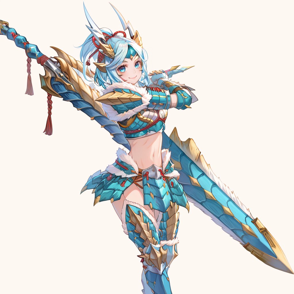 (score_9:0.9),score_8_up,score_7_up,rating_safe,anime style,(zPDXL),<lora:Zinogre armor ponyXL v2:0.93>,Zinogre armor,cyan gauntlets,cyan armor boots,1girl,huge weapon,blue hair,smile,huge sword,looking back,white background,cyan dragon,simple background,looking at viewer,solo,holding huge sword,from behind,