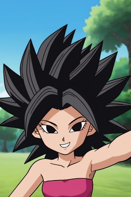 source_anime, score_9, score_8_up, score_7_up, anime screencap,caulifla, black hair, spiked hair,  black eyes, collarbone, tube top,  looking at viewer, Forrest, slight smile, blue sky, selfie,  cute smile, grass, trees <lora:caulifla_pony_v1:0.8>