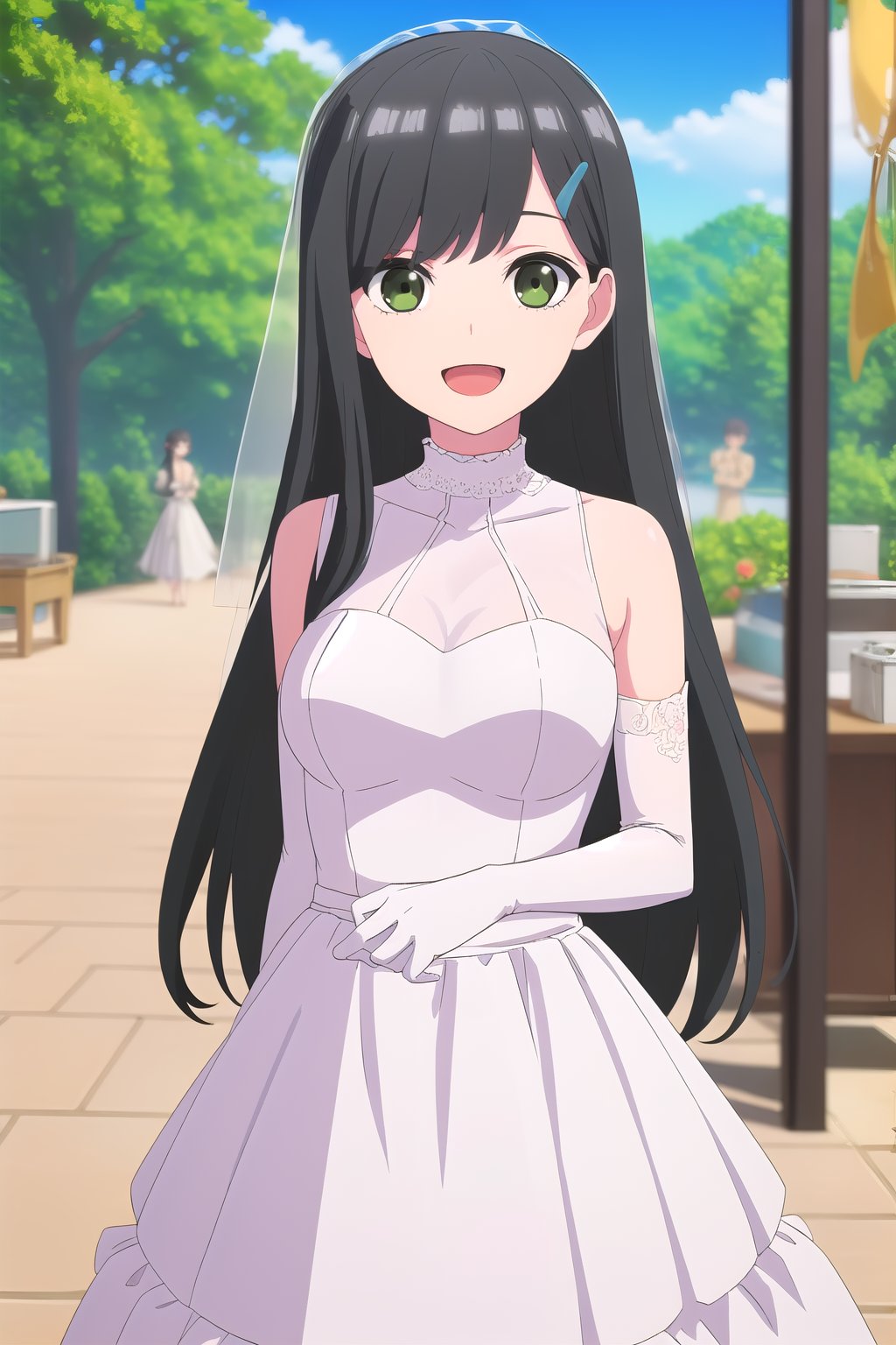 (masterpiece, best quality), highly detailed background, perfect lightingbest quality, takebayashiGTnH, solo, outdoors, nature, building, bridal veil, black hair, swept bangs, straight hair, long hair, green eyes, medium breasts, wedding dress, white dress, white gloves, frilled skirt, smile, open mouth, :d, <lora:Takebayashi_Go-Tobun-no-Hanayome:0.7>