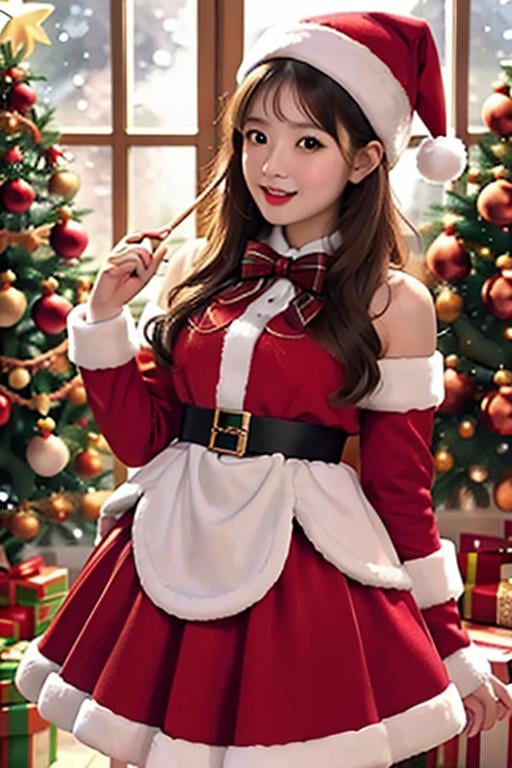 (masterpiece:1.2), best quality, masterpiece, highres, original,perfect light, 4k,8k,1girl, animal costume, antlers, aurora, bag, bare shoulders, bell, belt, bobblehat, boots, bow, bowtie, box, brown hair, candy cane, capelet, carrying over shoulder, champagne, champagne flute, chicken \(food\), chimney, christmas, christmas lights, christmas ornaments, christmas tree, deer ears, fake antlers, fake facial hair, fake mustache, fireplace, fur-trimmed boots, fur-trimmed capelet, fur-trimmed dress, fur-trimmed gloves, fur-trimmed headwear, fur-trimmed hood, fur-trimmed legwear, fur-trimmed shorts, fur-trimmed skirt, fur-trimmed sleeves, fur trim, gift, gift bag, gift box, green ribbon, hair bell, hat, holding bag, holding candy, holding gift, holding sack, holly, indoors, looking at viewer, merry christmas, neck bell, night, night sky, ornament, over shoulder, pine tree, pom pom \(clothes\), red bow, red capelet, red dress, red gloves, red headwear, red skirt, red sleeves, reindeer, reindeer antlers, reindeer costume, rooftop, sack, santa bikini, santa boots, santa costume, santa dress, santa gloves, santa hat, smile, snow, snowflake background, snowflake hair ornament, snowflake print, snowflakes, snowing, snowman, solo, star \(sky\), starry sky, striped ribbon, window, wreath, <lora:christmas:0.7>