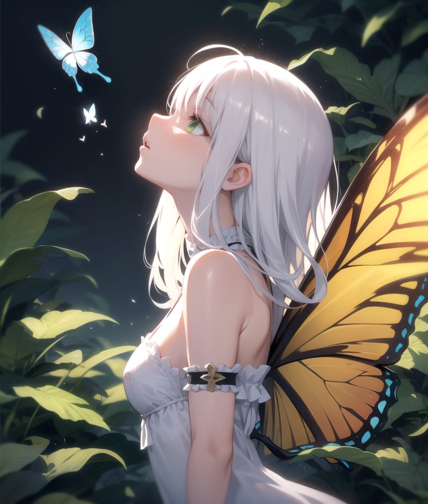 masterpiece, best quality, 1girl, white hair, green eyes, looking up, floating hair, butterfly, from side, wings, nature,