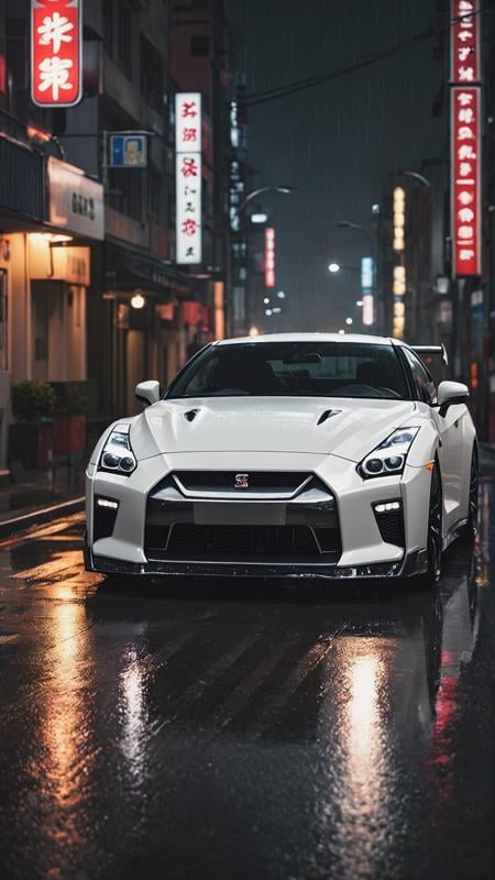 a nissan GTR, white carpaint, night city wet road, sharp focus, cinematic bright lighting, realistic, best quality, rich colors, high resolution