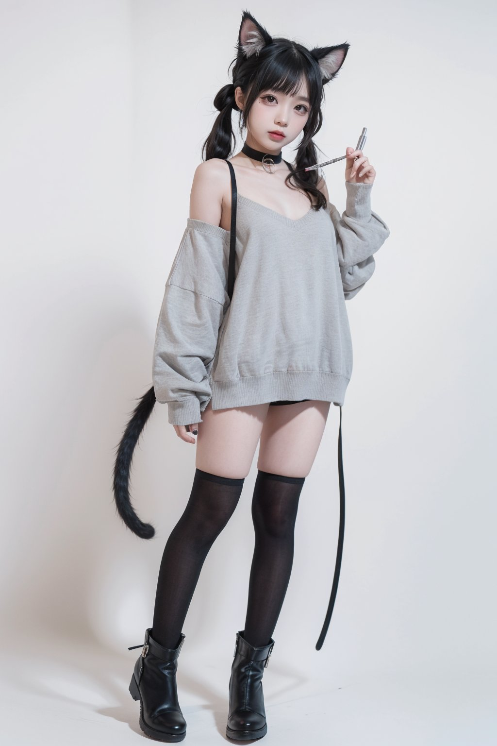 1girl,absurdres,animal_ear_fluff,animal_ears,black_choker,black_hair,cat_ears,cat_girl,cat_tail,choker,(full_body:1.5),highres,red_eyes,shouwang,simple_background,solo,stylus,sweater,tablet_pc,tail,thigh_strap,twintails,white_background,writing,xingye,autoappealing,autoappealingdb,best quality,masterpiece,nai3,, cos,