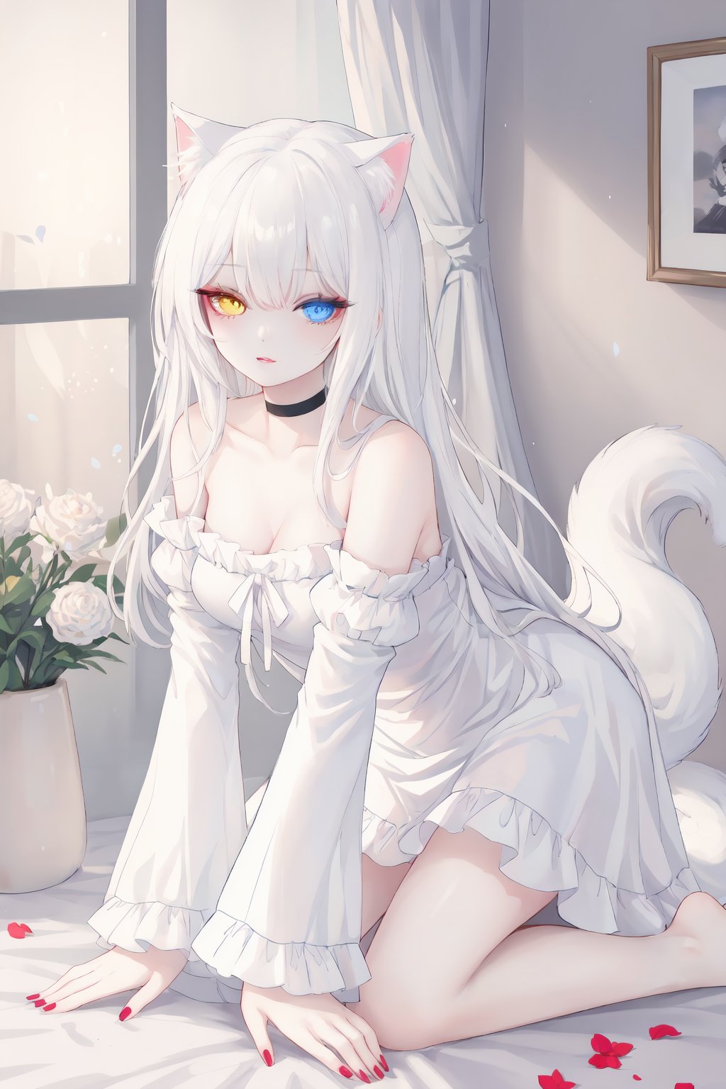 1girl, long hair, blue eyes, heterochromia, solo, bare shoulders, white dress, white cat, white hair, bangs, flower, yellow eyes, petals, choker, looking at viewer, indoors, window, long sleeves, detached sleeves, curtains, frills, very long hair, nail polish, bare legs, feet out of frame, she style, ths97f, 65setutyh4, ae45ngol4