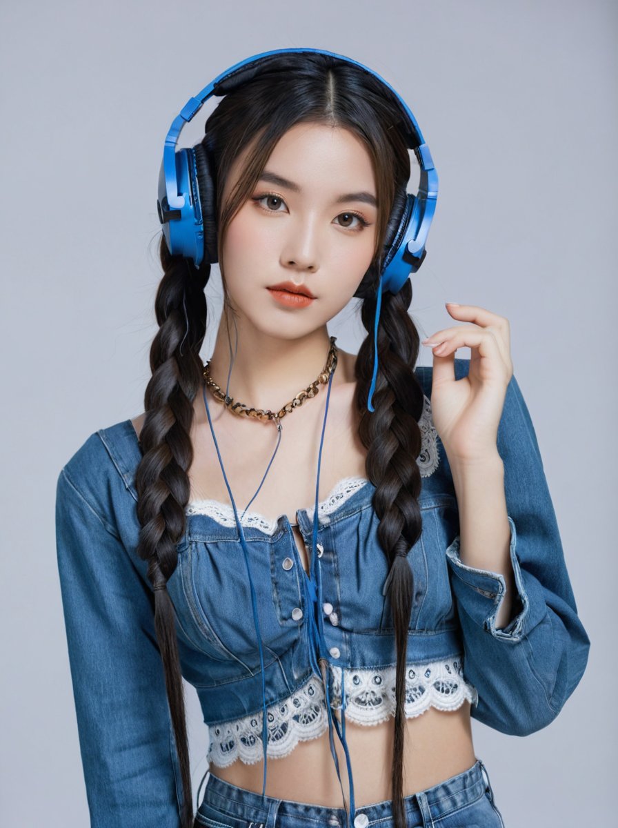 The image depicts a young woman with long black hair styled into two large braids. She is wearing a denim blue crop top with lace-up detailing at the front and high-waisted dark gray trousers. Around her neck, she has draped oversized headphones. Her makeup is subtle yet striking, featuring defined eyebrows, light eyeshadow, and nude lips. She stands against a plain backdrop, holding both ends of her braided hair upwards, giving an impression of strength and confidence.