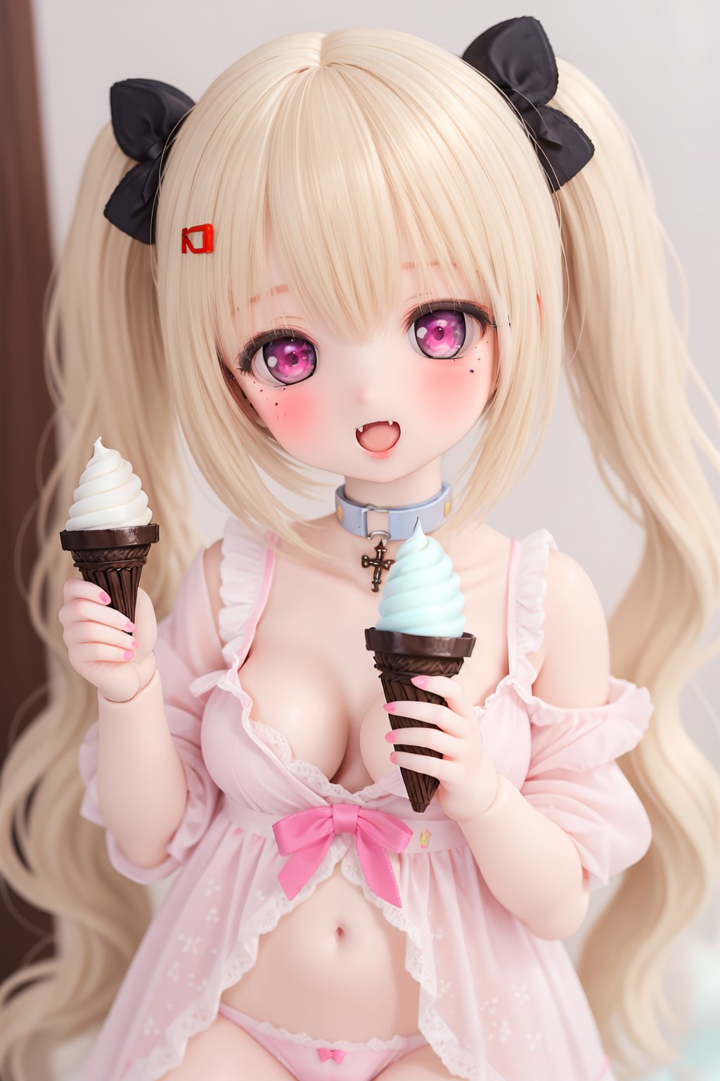 1girl, ice cream, twintails, food, solo, blonde hair, ice cream cone, long hair, bell, fangs, hair ornament, breasts, open mouth, cross, looking at viewer, underwear, blush, mole, collar, panties, pink eyes, babydoll, mole under eye, cleavage, doll, BJD, dtghdg254793, stfhgd796we2, adsderl931sq, cute