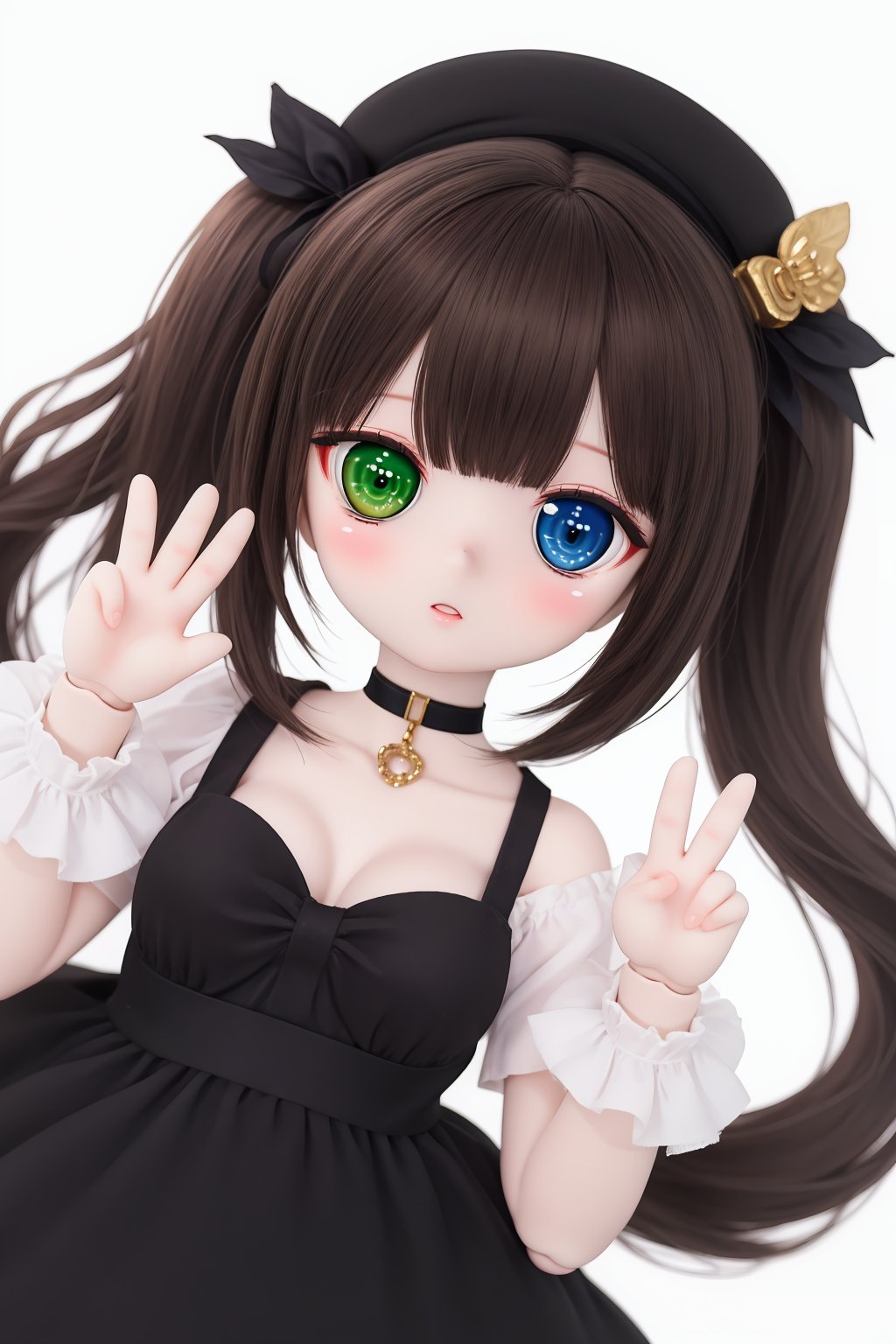 1girl, heterochromia, green eyes, solo, blue eyes, choker, looking at viewer, long hair, brown hair, twintails, hat, dress, v, bow, ribbon, double v, black choker, dutch angle, doll, BJD, dtghdg254793, stfhgd796we2, adsderl931sq, cute