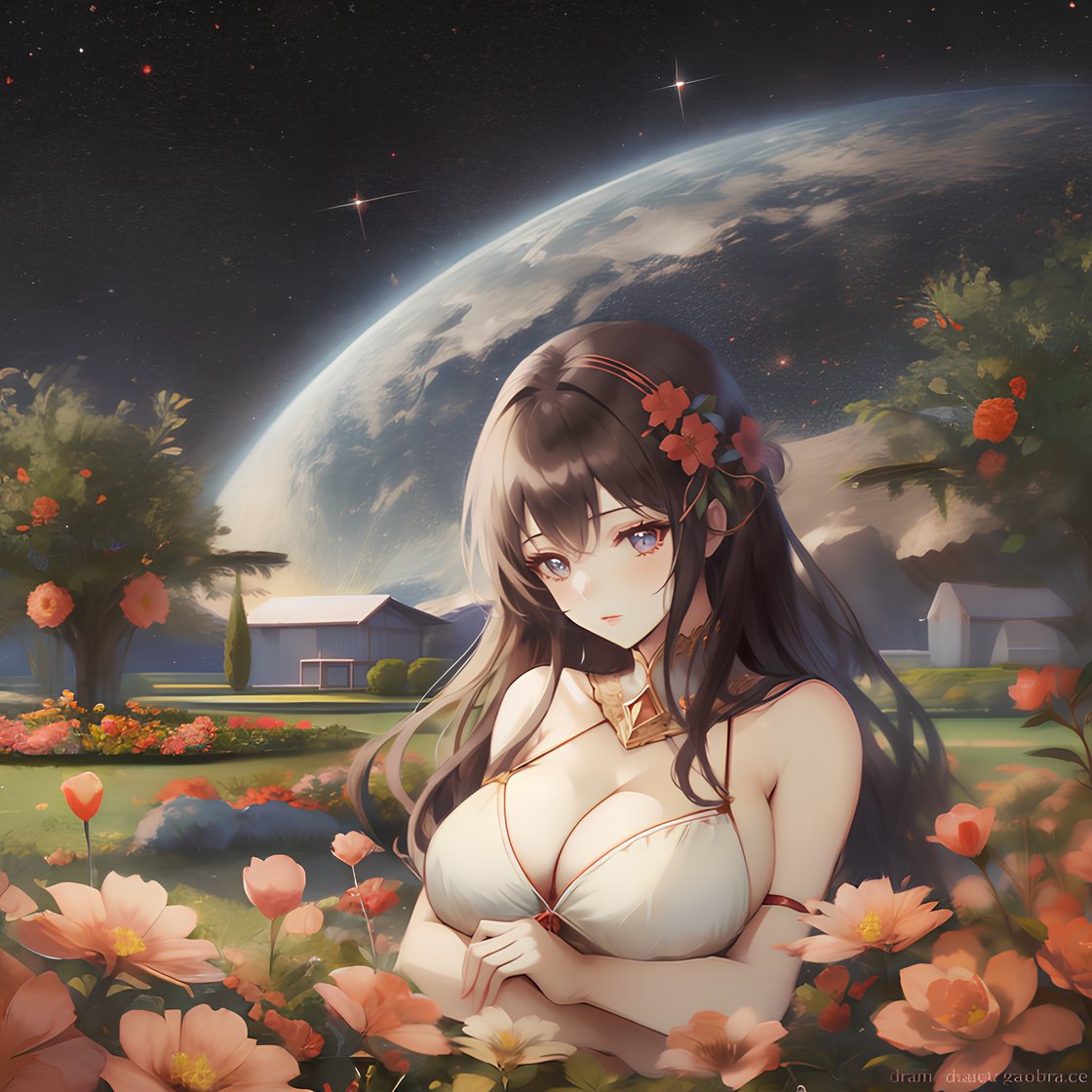 (high quality, masterpiece), eotw_lora, 1girl, sexy, breast, closeup, portrait, laying, (garden, flowers, grass), space, starry sky, (dreamcore), <lora:Edge_World-08:1>