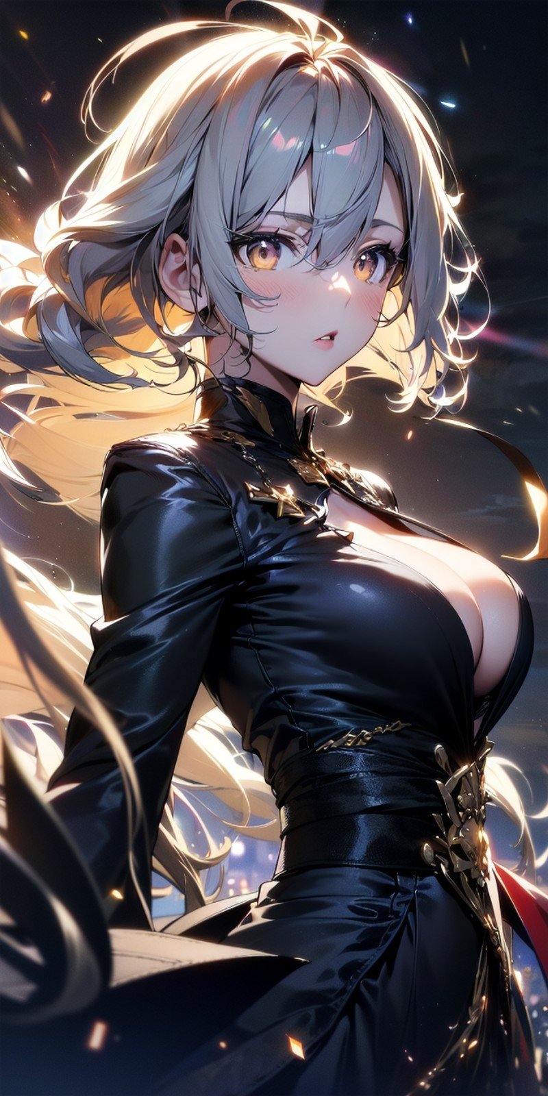 <lora:apstyle3diff:0.75> apstyle3 apstyle masterpiece best quality detailed eyesmasterpiece best quality 1girllong hair (messy hair floating :1.25) severe flow(night dark shadow darkness:1.2)(sunbeam light grow luminescence :1.475)black background blacklarge breasts cleavageupper body  looking at viewer<lora:detail_slider_v4:0.75>