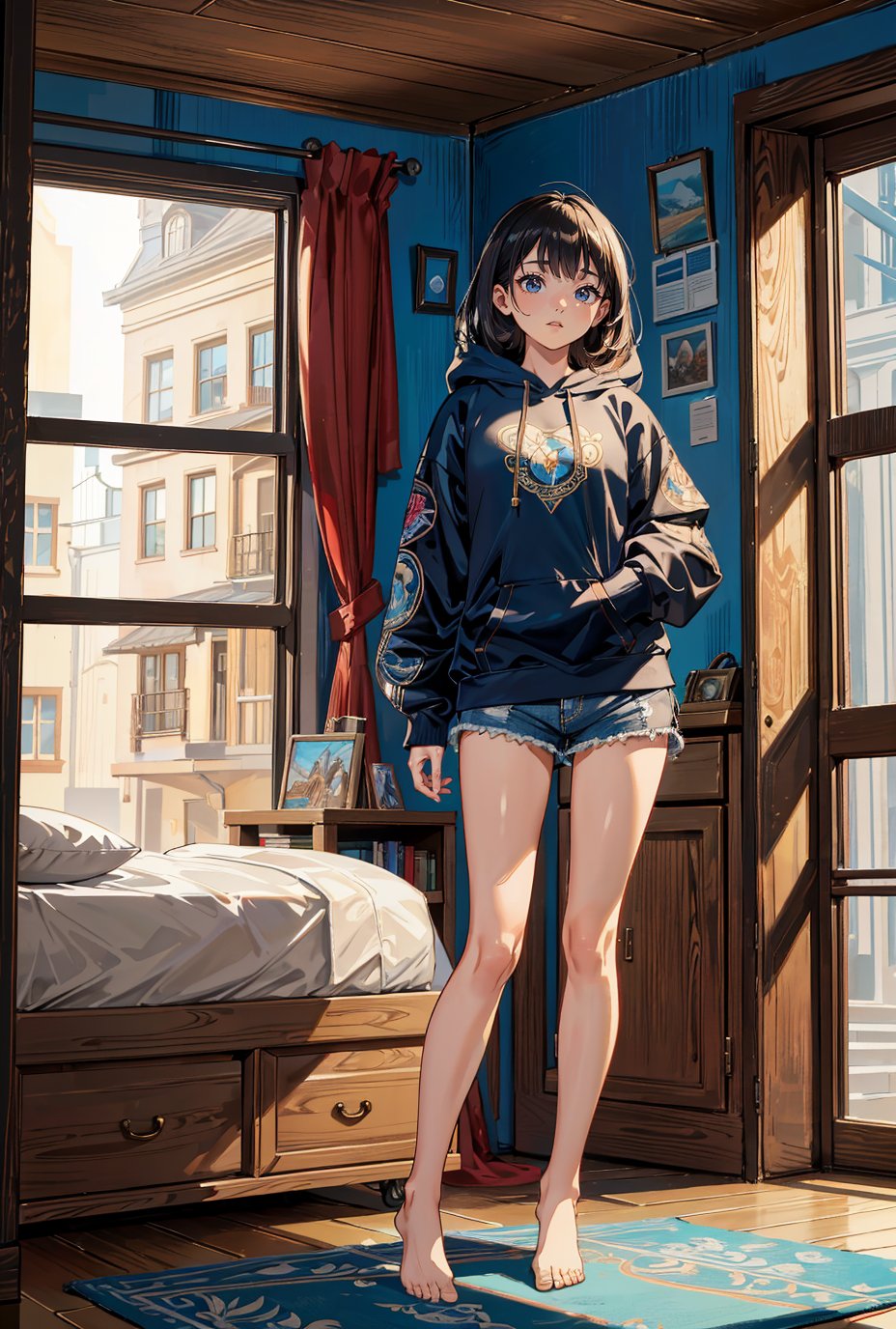 1girl, wearing a hoodie, micro shorts, barefoot, indoors, bedroom, fantasy, magic world, (masterpiece, best quality, hires, high quality, by professional artist, ultra detailed, extremely detailed, absurdres, incredibly resolution:1.2)