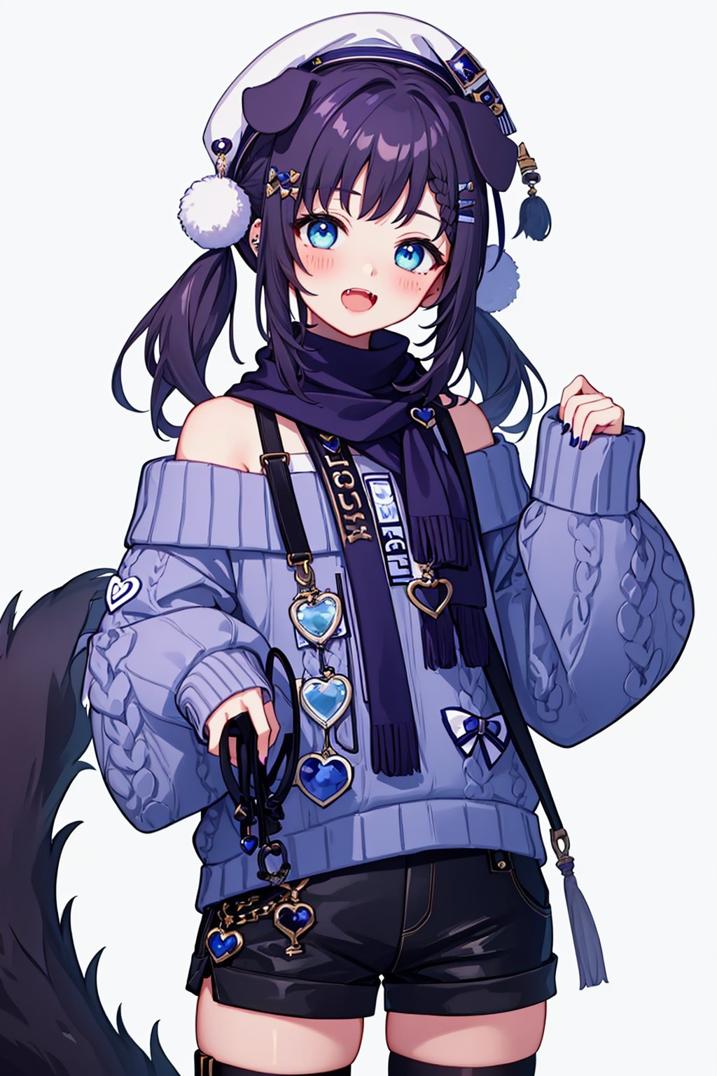 masterpiece,best quality, highly detailed, 1girl,aiba uiha,beret,dog tail,looking at viewer,solo,virtual youtuber,white headwear,dog girl,long sleeves,open mouth,simple background,twintails,white background,d,bare shoulders,blush,ear piercing,heart,pom pom \(clothes\),thigh strap,black shorts,black thighhighs,blue nails,blue sweater,cowboy shot,fang,fur-trimmed sleeves,hands up,off shoulder,off-shoulder sweater,paw gloves,sleeves past wrists,<lora:aiba_uiha:1>