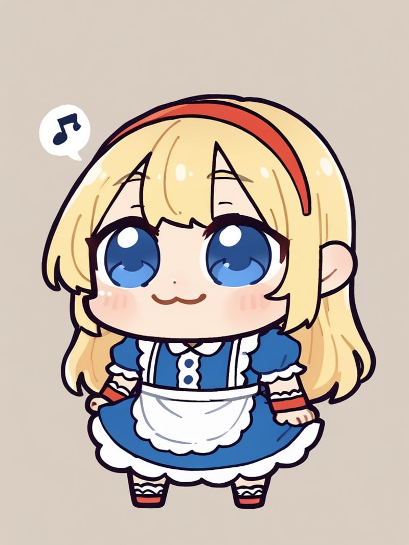 <lora:bkub-PonyXL-1024px:0.9>score_5_up, score_6_up,1girl, solo, spoken_musical_note , chibi, long blonde hair, blue eyes, blue dress, white frilly apron, red hairband, detached cuffs, smile, 