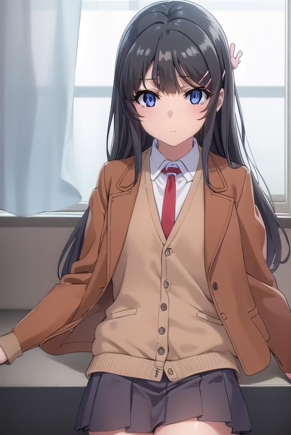 maisakurajima, <lora:mai sakurajima s1-lora-nochekaiser:1>, mai sakurajima, long hair, bangs, (black hair:1.5), hair ornament, (purple eyes:1.1), hairclip, rabbit hair ornament,BREAK skirt, shirt, school uniform, white shirt, short sleeves, pantyhose, pleated skirt, collared shirt, blue skirt, black pantyhose, red necktie, jacket, (brown jacket:1.5),BREAK indoors, classroom,BREAK looking at viewer, (cowboy shot:1.5),BREAK <lyco:GoodHands-beta2:1>, (masterpiece:1.2), best quality, high resolution, unity 8k wallpaper, (illustration:0.8), (beautiful detailed eyes:1.6), extremely detailed face, perfect lighting, extremely detailed CG, (perfect hands, perfect anatomy),