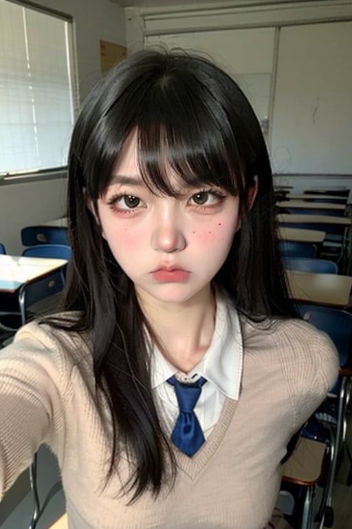 <lora:EpicMakeupV2-000005:0.8>,EpicMakeup,portrait,1girl,school uniform, in classroom,angry