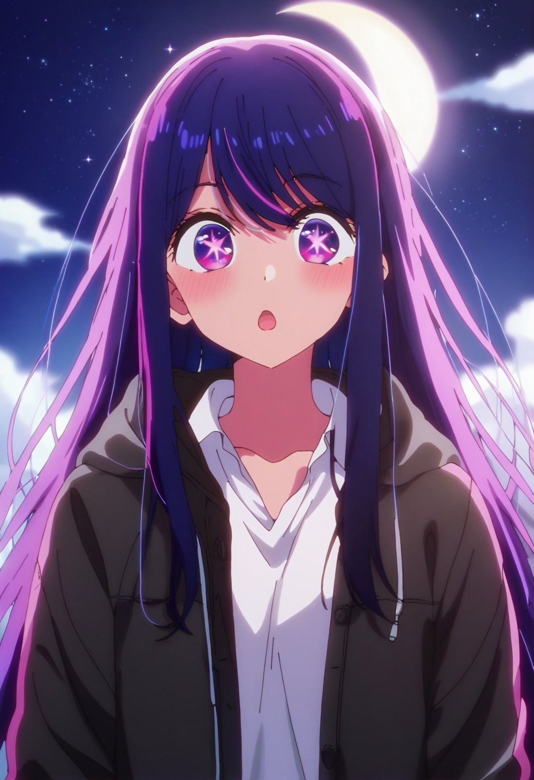 1girl, hoshinoai, solo, <lora:hoshinoai_ponyxl:0.9>, purple hair, purple eyes, long hair, star-shaped pupils, BREAKjacket, white shirt, open jacket, BREAKupper body, surprised, big eyes, BREAKoutdoors, night, night sky, starry sky, clouds, crescent moon, glow, sparkle, BREAKscore_9, score_8_up, score_7_up, score_6_up, anime,(high quality, detailed, beautiful), shiny, detailed beautiful eyes, outstanding, countershading, detailed soft lighting