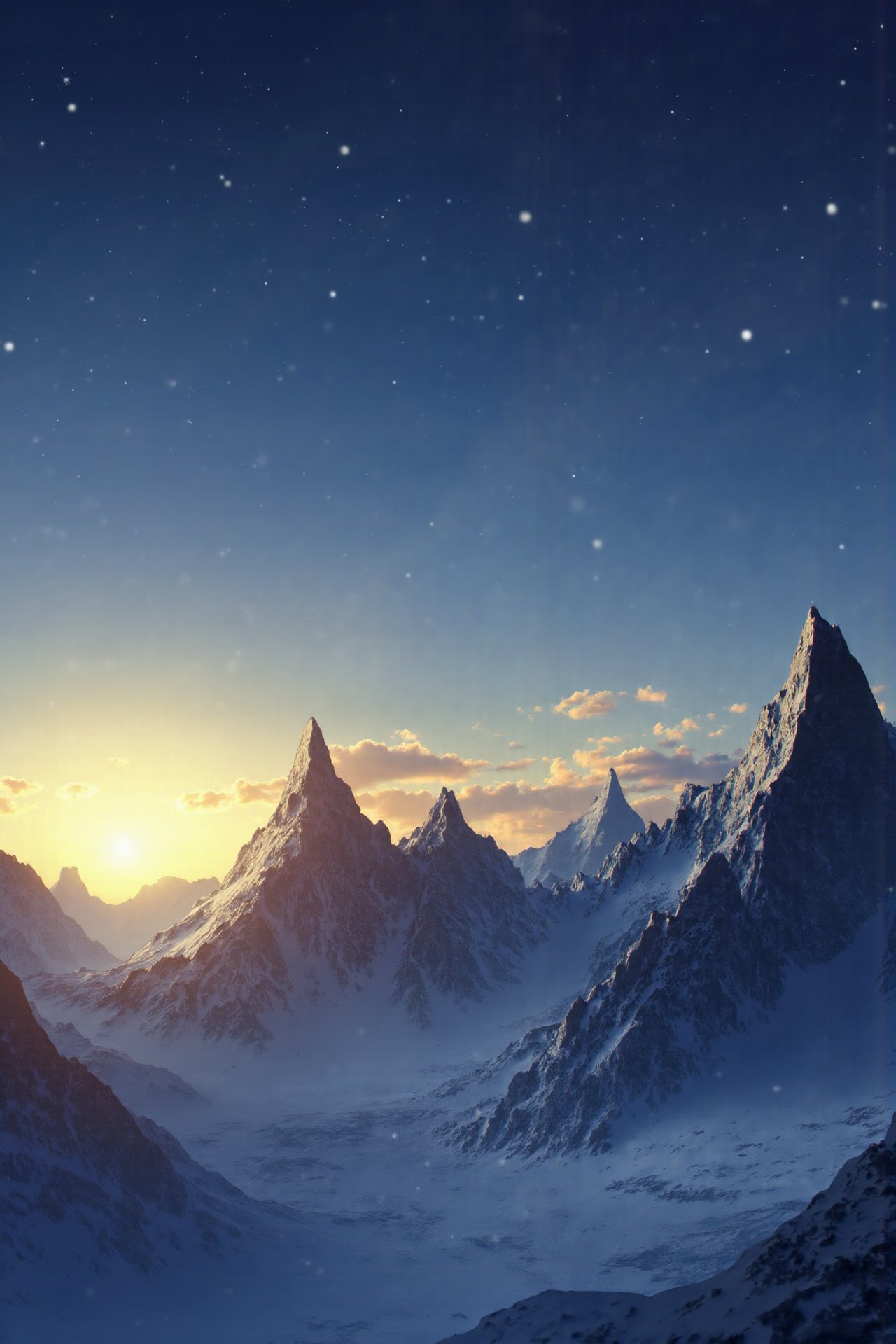 <lora:flux-shock-scenery:1>,The image is a digital art piece that appears to be a landscape of a mountain range. The sky is a deep blue color with a hint of orange and yellow, and the sun is setting in the background, casting a warm glow over the mountains. The mountains are made up of multiple peaks and valleys, with the peaks reaching up towards the sky. The peaks are covered in a layer of ice crystals, giving them a sparkling appearance. The overall mood of the image is peaceful and serene, with a sense of awe and wonder at the beauty of nature.