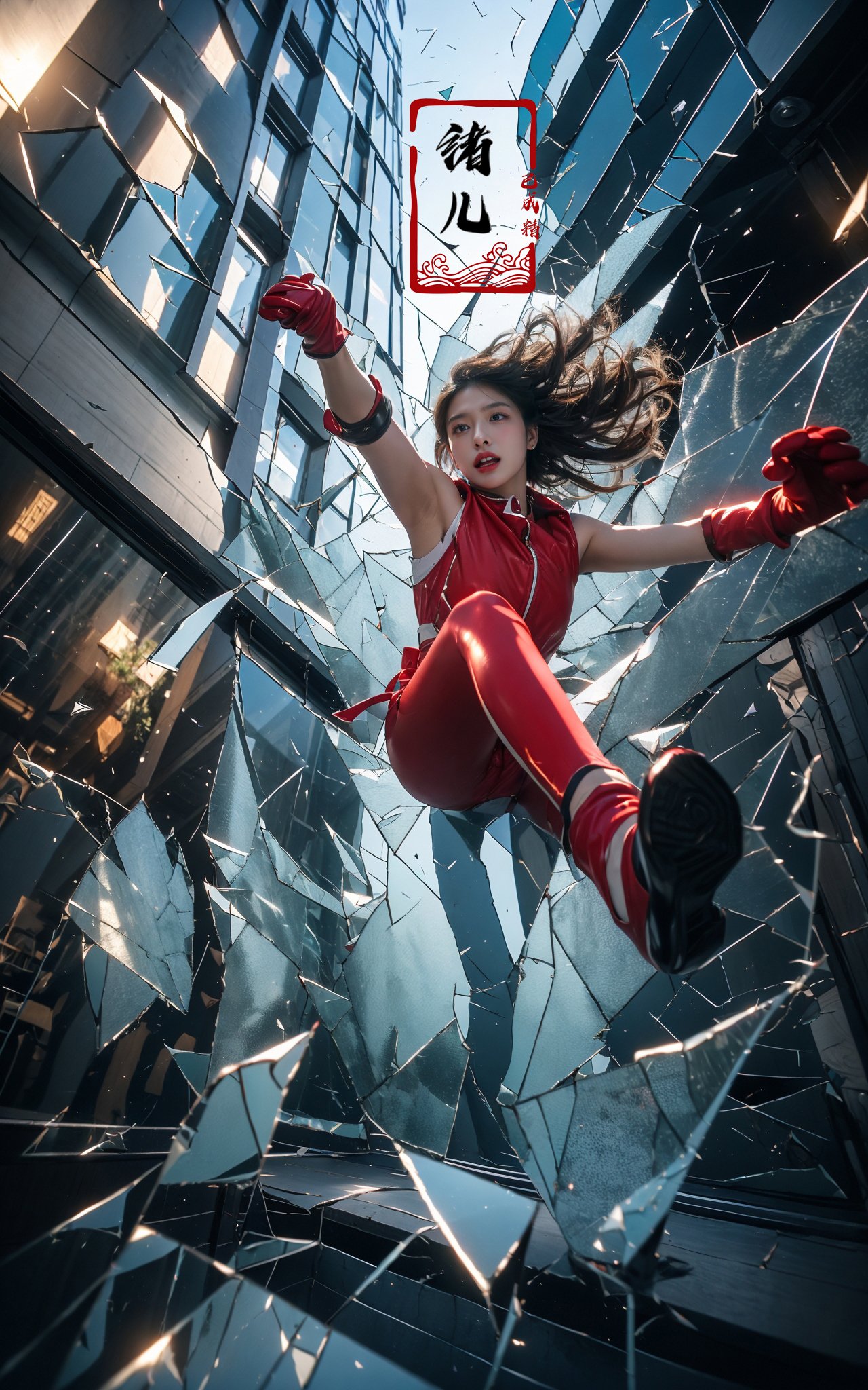 jumping，midair, (1girl, solo:1.2), open mouth, outdoors, building, (broken glass:1.5), shoes, (red gloves:1.3),Glow, reflective glass, light pollution，<lora:绪儿-跳跃构图 jumping:0.8>