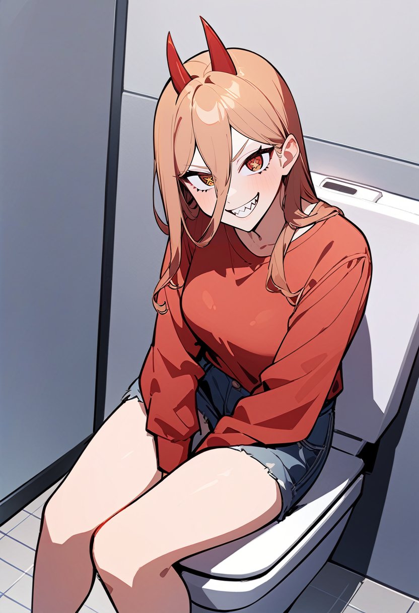 solo, 1girl, powercasual, sharp teeth, grin, sitting, toilet, restroom, cross-shaped pupils, red shirt, long sleeves, denim shorts, newest <lora:csm_power_xl-000004:1>