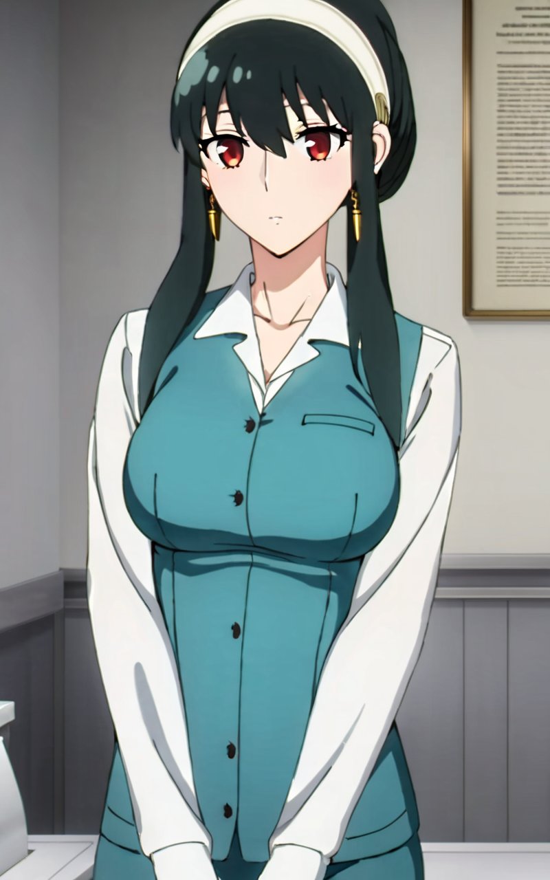 1girl, <lora:sdxl-sf-yor_briar:0.9>, yor briar, jimufuku, updo (folded ponytail hair pulled back), (Folded tied hair), white open-collared shirt, turquoise vest, turquoise Pencil Skirt, office, office , black pantyhose, white hairband , black hair sideburns, (slanted eyes) red eyes, medium breasts, shiny hair, bangs, gold earrings, long locks, hair between eyes, skindentation flustered look 