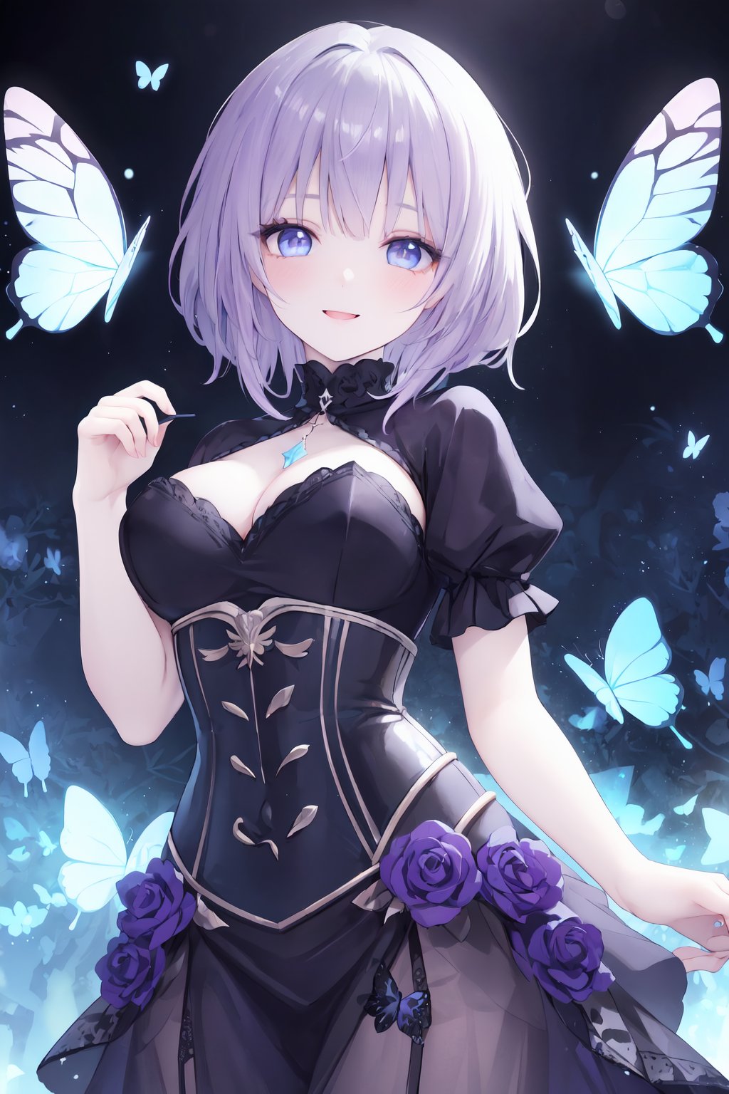 masterpiece,best quality,girl,(lots of butterflies in the air),(silver open dress),ornate dress,(medium-length purple hair),pale blue eyes,(sparkling eyes),light smile,(glowing butterflies),(cowboy shot),(exquisite dress),(diamond corset),